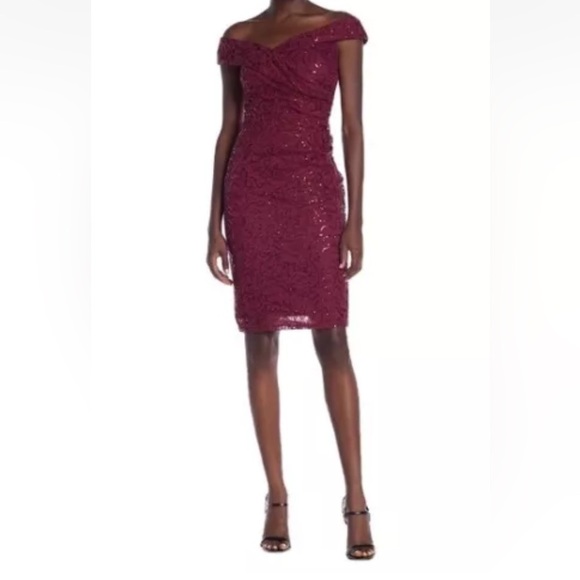 NWT Marina Burgundy Sequin Lace Floral Sheath Cap Sleeve Cocktail Dress Size 14 - Picture 1 of 14